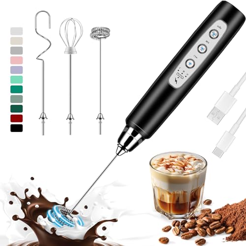 ODIFORGOO Rechargeable Electric Milk Frother Wand, 3 Whisks