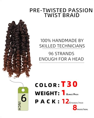 Short 6" Pre-twisted Passion Twist Crochet Hair, 8-pack