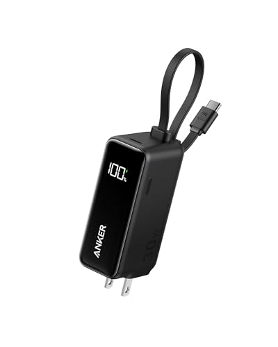 Anker Power Bank USB C Charger Block, 3-in-1 5,000mAh Portable Charger with Built-in USB-C Cable and Foldable AC Plug, 30W Max Compact Battery Pack, for iPhone 15 Series, Galaxy, MacBook, and More