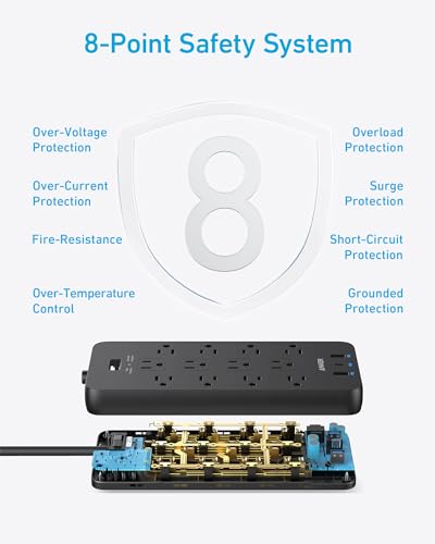 Surge Protector Power Strip (2100J), Anker 12 Outlets with 1 USB C and 2 USB Ports foriPhone 15/15 Plus/15 Pro/15 Pro Max, 5ft Extension Cord, Flat Plug, 20W USB C Charging for Home, Office,TUV Listed