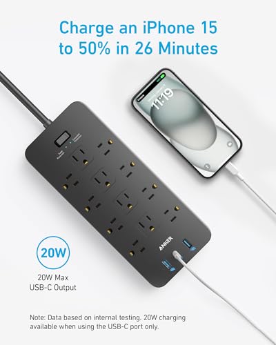 Surge Protector Power Strip (2100J), Anker 12 Outlets with 1 USB C and 2 USB Ports foriPhone 15/15 Plus/15 Pro/15 Pro Max, 5ft Extension Cord, Flat Plug, 20W USB C Charging for Home, Office,TUV Listed