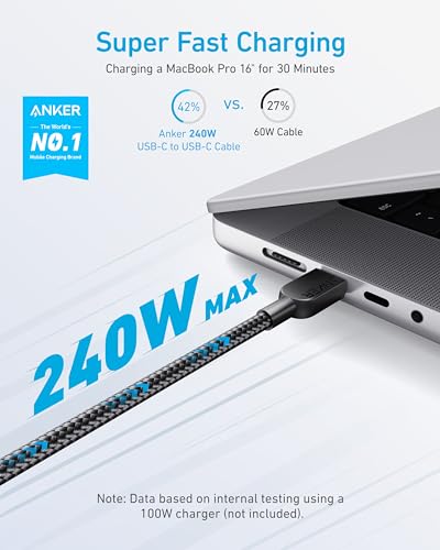 Anker 240W USB C to USB C Cable (2Pack,6ft), USB C Charger Cable Fast Charge for iPhone 15/15Pro/15Plus/15ProMax, MacBook Pro 2020, iPad Pro 2020, iPad Air 4, Samsung Galaxy S23+/S23 Ultra(USB 2.0)