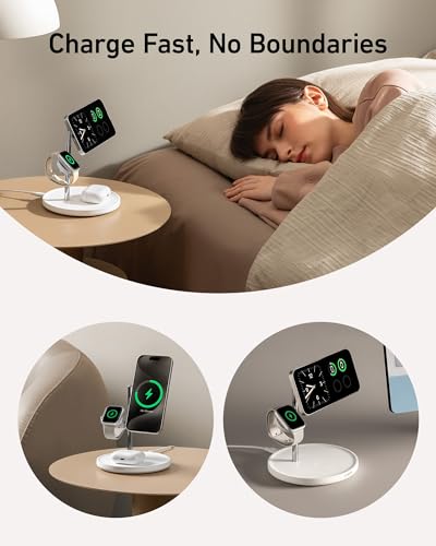 Anker MagSafe-Compatible Wireless Charging Stand, MagGo 3 in 1 Wireless Charging Station, Qi2 Certified 15W Wireless Charger for iPhone 15/15 Pro/14/13/12, Apple Watch, AirPods