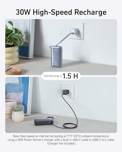 Anker Nano Power Bank, 10,000mAh Portable Charger with Built-in USB-C Cable, PD 30W Max Output with 1 USB-C, 1 USB-A, Compatible for iPhone 15/15 Plus/15 Pro/15 Pro Max, MacBook, Galaxy, iPad