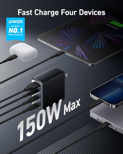 150W USB C Charger, Anker 747 Charger ( GaNPrime), 4-Port Fast Compact Foldable Gan Charger for MacBook Pro/Air, iPhone 14/Pro, iPad Pro, Dell XPS 13, Galaxy S22/S21, Note 20/10+, Pixel and More
