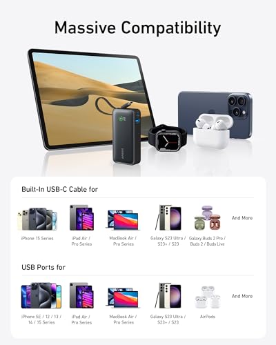 Anker Nano Power Bank, 10,000mAh Portable Charger with Built-in USB-C Cable, PD 30W Max Output with 1 USB-C, 1 USB-A, Compatible for iPhone 15/15 Plus/15 Pro/15 Pro Max, MacBook, Galaxy, iPad