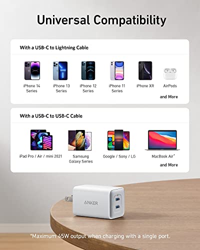 Anker 47W USB C Charger (Nano 3), 2 Port Compact Foldable GaN Fast Charger for iPhone 15/15 Plus/15 Pro/15 Pro Max/14, Galaxy, Pixel 4/3, iPad/iPad Mini (Cable Not Included) - White