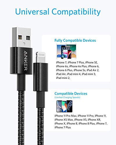 Anker iPhone Charger Cable, (2-Pack) 6ft, Premium Nylon USB-A to Lightning Cable, MFi Certified Cable for iPhone SE/Xs/XS Max/XR/X/8 Plus/7/6 Plus, iPad, and More.