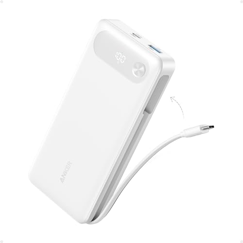 Anker Power Bank, 20,000mAh Portable Charger with Built-in USB-C Cable, 87W Max Fast Charging Battery Pack, 2 USB-C and 1 USB-A, for MacBook, iPhone 15 Series, Samsung, Switch, and More