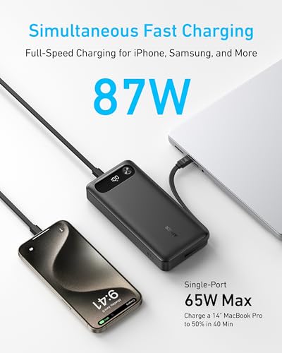 Anker Power Bank, 20,000mAh Portable Charger with Built-in USB-C Cable, 87W Max Fast Charging Battery Pack, 2 USB-C and 1 USB-A, for MacBook, iPhone 15 Series, Samsung, Switch, and More