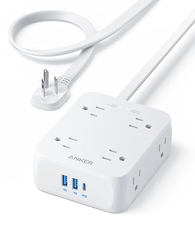 Anker Surge Protector Flat Plug Power Strip 2000J, 5ft Thin Extension Cord with 8 Outlets, 2 USB A and 1 USB C Port, 20W for iPhone15, Wall Mount, Compact for Home, Office, Room, TUV Listed