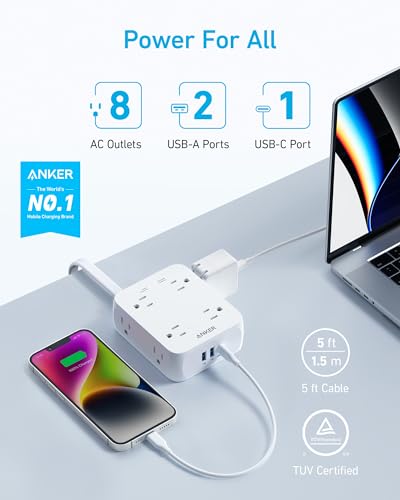 Anker Surge Protector Flat Plug Power Strip 2000J, 5ft Thin Extension Cord with 8 Outlets, 2 USB A and 1 USB C Port, 20W for iPhone15, Wall Mount, Compact for Home, Office, Room, TUV Listed