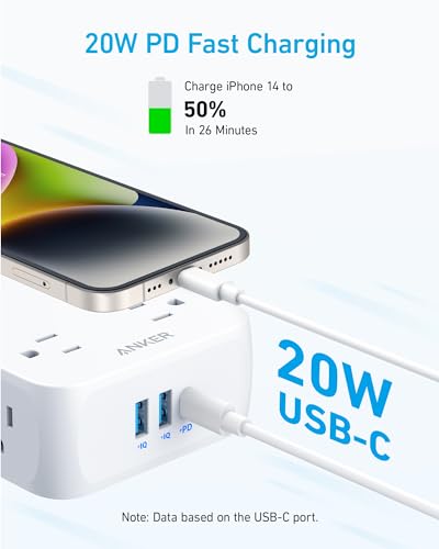 Anker Surge Protector Flat Plug Power Strip 2000J, 5ft Thin Extension Cord with 8 Outlets, 2 USB A and 1 USB C Port, 20W for iPhone15, Wall Mount, Compact for Home, Office, Room, TUV Listed