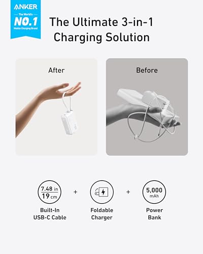 Anker Power Bank USB C Charger Block, 3-in-1 5,000mAh Portable Charger with Built-in USB-C Cable and Foldable AC Plug, 30W Max Compact Battery Pack, for iPhone 15 Series, Galaxy, MacBook, and More