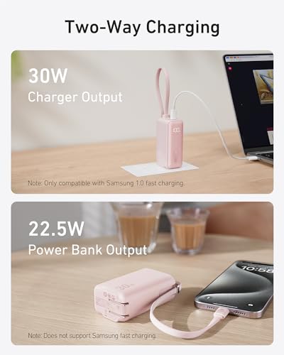 Anker Power Bank USB C Charger Block, 3-in-1 5,000mAh Portable Charger with Built-in USB-C Cable and Foldable AC Plug, 30W Max Compact Battery Pack, for iPhone 15 Series, Galaxy, MacBook, and More
