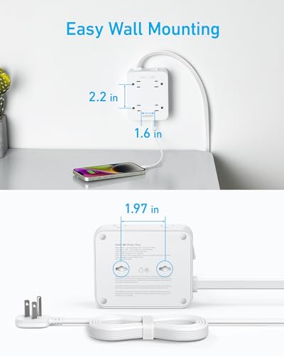 Anker Surge Protector Flat Plug Power Strip 2000J, 5ft Thin Extension Cord with 8 Outlets, 2 USB A and 1 USB C Port, 20W for iPhone15, Wall Mount, Compact for Home, Office, Room, TUV Listed