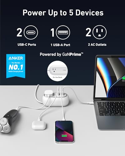 Anker GaNPrime 65W Charging Station - Power Strip, 5-in-1 for Travel & Home, 2 AC, 2 USB C, 1 USB A, 3ft - Power Delivery for iPhone 15/15 Plus/15 Pro/15 Pro Max,Compatible & More (White)