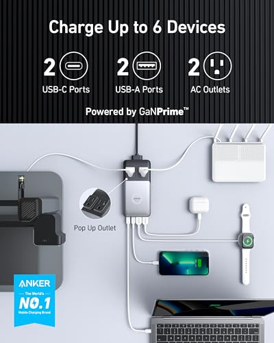Anker 727 Charging Station (GaNPrime 100W), Compact Power Strip for Travel, Work, 5 ft Detachable Extension Cord with 2 Outlets and 4 USB Ports, for iPhone 14, Samsung, iPad, MacBook (Not a Battery)