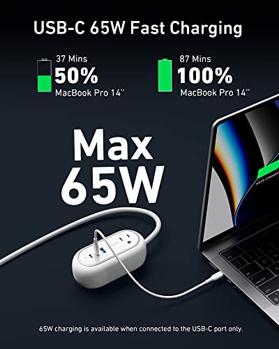Anker GaNPrime 65W Charging Station - Power Strip, 5-in-1 for Travel & Home, 2 AC, 2 USB C, 1 USB A, 3ft - Power Delivery for iPhone 15/15 Plus/15 Pro/15 Pro Max,Compatible & More (White)
