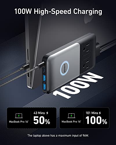 Anker 727 Charging Station (GaNPrime 100W), Compact Power Strip for Travel, Work, 5 ft Detachable Extension Cord with 2 Outlets and 4 USB Ports, for iPhone 14, Samsung, iPad, MacBook (Not a Battery)