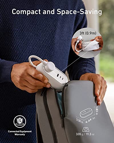 Anker GaNPrime 65W Charging Station - Power Strip, 5-in-1 for Travel & Home, 2 AC, 2 USB C, 1 USB A, 3ft - Power Delivery for iPhone 15/15 Plus/15 Pro/15 Pro Max,Compatible & More (White)