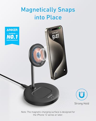 Anker Wireless Charging Stand, PowerWave 2-in-1 Magnetic Stand Lite with USB-C Cable, Compatible with iPhone 15/15 Pro/15 Plus/15 Pro Max/14/13 and AirPods 2/Pro - No AC Adapter Included