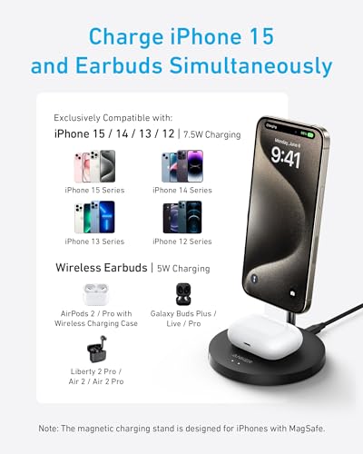 Anker Wireless Charging Stand, PowerWave 2-in-1 Magnetic Stand Lite with USB-C Cable, Compatible with iPhone 15/15 Pro/15 Plus/15 Pro Max/14/13 and AirPods 2/Pro - No AC Adapter Included