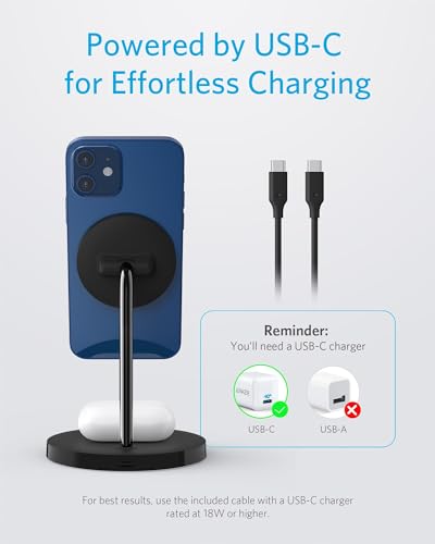 Anker Wireless Charging Stand, PowerWave 2-in-1 Magnetic Stand Lite with USB-C Cable, Compatible with iPhone 15/15 Pro/15 Plus/15 Pro Max/14/13 and AirPods 2/Pro - No AC Adapter Included