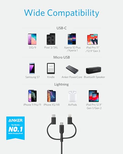 Anker Powerline II 3-in-1 Cable, Lightning/Type C/Micro USB Cable for iPhone, iPad, Huawei, HTC, LG, Samsung Galaxy, Sony Xperia, Android Smartphones, iPad Pro 2018 and More(3ft, Black)