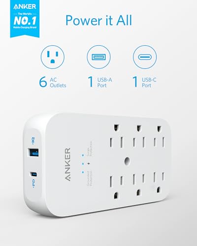 Anker Outlet Extender and USB Wall Charger, 6 Outlets and 2 USB Ports, 20W USB C Power Delivery High-Speed Charging iPhone 15/15 Plus/15 Pro/15 Pro Max, Multi-Plug for Dorm, Home, and Office, White