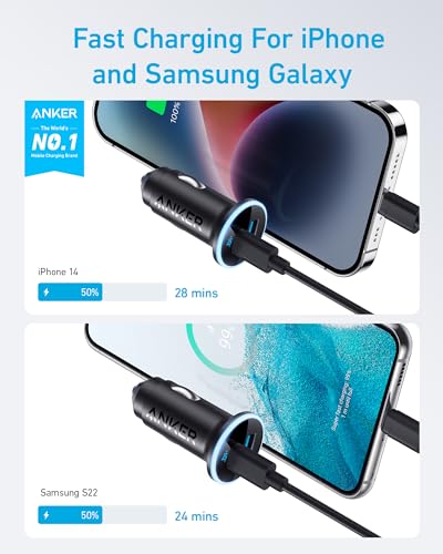 USB C Car Charger Adapter, Anker 52.5W Cigarette Lighter USB Charger, 323 Anker Car Charger with 30W PowerIQ 3.0 Fast Charging for iPhone 15/15 Plus/15 Pro/15 Pro Max, Galaxy S23/22, Pixel