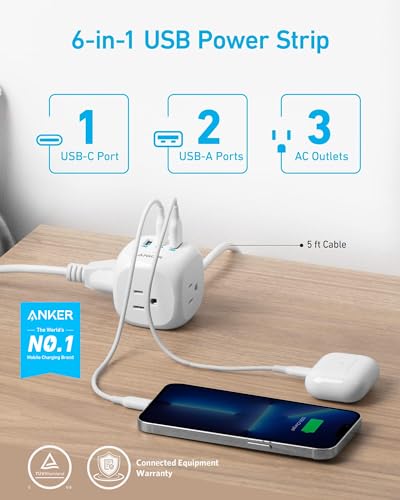 Anker 20W USB C Power Strip, 321 Power Strip with 3 Outlets and USB C Charging for iPhone 15/15 Plus/15 Pro/15 Pro Max, 5 ft Extension Cord, Power Delivery Charging for Dorm Rooms,Home Office
