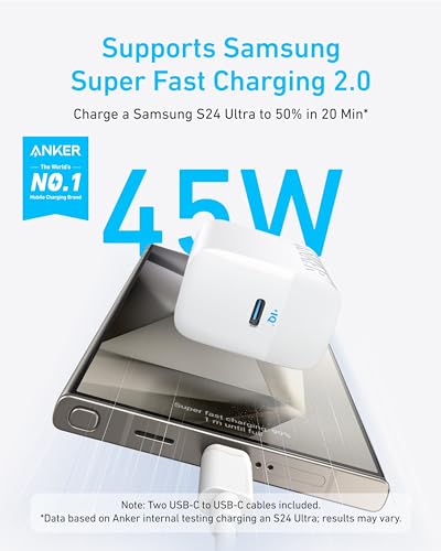45W USB-C Super Fast Charger, Anker Charger with USB-C Cable, Supports PPS Fast Charging for Samsung Galaxy S24 Ultra/S24/S23+/S23/S22/Note20, iPhone, Pixel, and More (2-Pack 5 ft Cable Included)