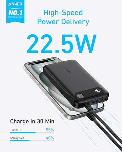 Anker Power Bank, 10,000mAh Portable Charger with Built-in USB-C Cable and Lanyard, 22.5W Max Output with 2 USB-C and 1 USB-A Port, Battery Pack for iPhone 15/14, Galaxy S23, iPad, AirPods, and More