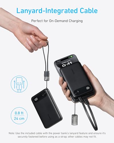Anker Power Bank, 10,000mAh Portable Charger with Built-in USB-C Cable and Lanyard, 22.5W Max Output with 2 USB-C and 1 USB-A Port, Battery Pack for iPhone 15/14, Galaxy S23, iPad, AirPods, and More