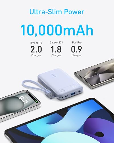 Anker Power Bank, 10,000mAh Portable Charger with Built-in USB-C Cable and Lanyard, 22.5W Max Output with 2 USB-C and 1 USB-A Port, Battery Pack for iPhone 15/14, Galaxy S23, iPad, AirPods, and More