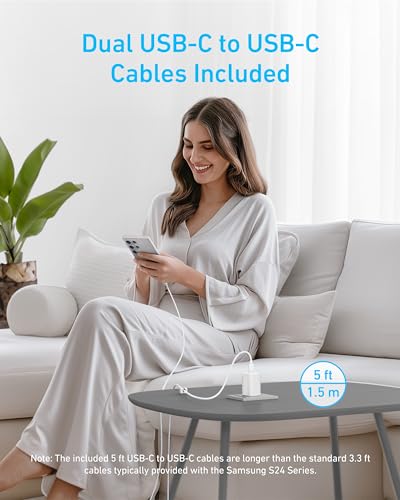 45W USB-C Super Fast Charger, Anker Charger with USB-C Cable, Supports PPS Fast Charging for Samsung Galaxy S24 Ultra/S24/S23+/S23/S22/Note20, iPhone, Pixel, and More (2-Pack 5 ft Cable Included)
