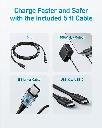 Mac Book Pro Charger, 100W USB C Charger, Anker Compact and Foldable Fast Charger for MacBook Air, Samsung Galaxy, iPad Pro, and All USB C Devices, 5 ft USB C to USB C Cable Included