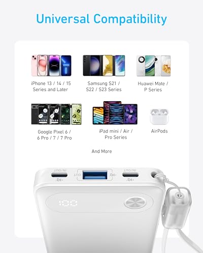 Anker Power Bank, 10,000mAh Portable Charger with Built-in USB-C Cable and Lanyard, 22.5W Max Output with 2 USB-C and 1 USB-A Port, Battery Pack for iPhone 15/14, Galaxy S23, iPad, AirPods, and More