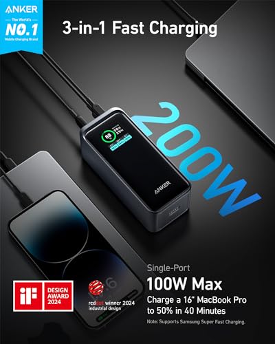 Anker Prime Power Bank, 20,000mAh Portable Charger with 200W Output, Smart Digital Display, 2 USB-C and 1 USB-A Port Compatible with iPhone 15/14/13 Series, Samsung, MacBook, Dell, and More