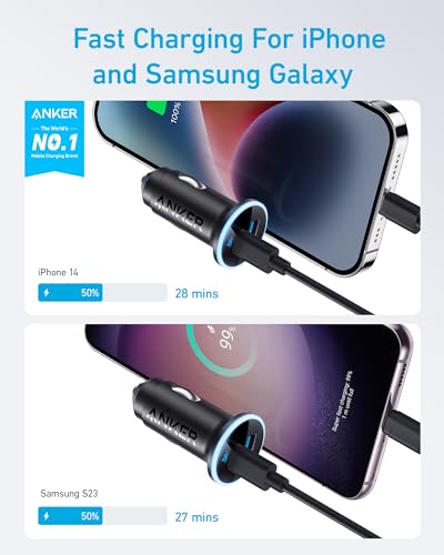 Anker USB C Car Charger Adapter, 52.5W Cigarette Lighter Charger, 323 Anker Car Charger with 30W PowerIQ 3.0 Fast Charging Cable for iPhone 15/15 Pro Max, 14/13/12 Series, Galaxy S23/22, Pixel