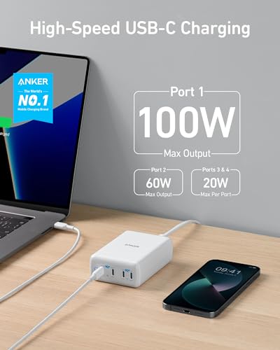 Anker USB C 120W, 547 Charger, PowerPort III 4-Port Charging Station for MacBook Pro/Air, iPhone iPhone 15/15 Plus/15 Pro/15 Pro Max/14/13 Series, Galaxy, Pixel 4/3, iPad Series, and More Devices