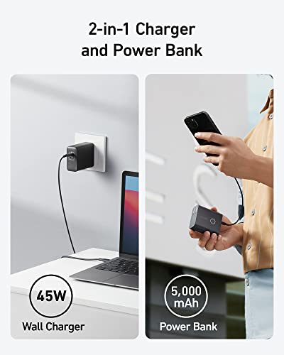 Anker 521 Power Bank, 45W Wall Charger with 5,000mAh 20W Portable Charger, Dual-Port USB-C for iPhone 15 Series, iPhone 14/13 Series, iPad Pro, AirPods, Apple Watch, Samsung Galaxy and More