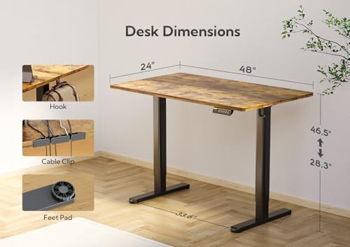 Claiks Electric Standing Desk, Adjustable Height, 48x24, Black/Brown