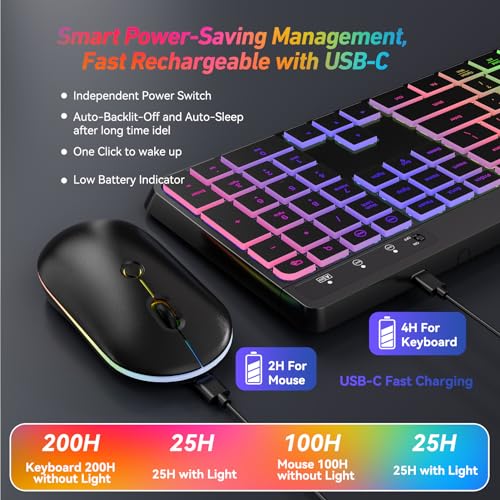 Backlit Wireless Keyboard & Mouse Combo, Rechargeable, Ergonomic