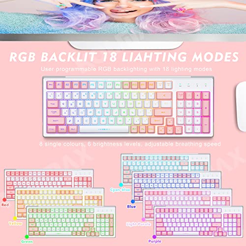 White RGB Backlit Wireless Keyboard & Mouse Combo, 98 Keys