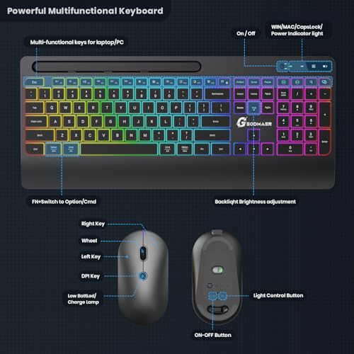 GEODMAER Wireless Keyboard and Mouse Combo with Phone Holder