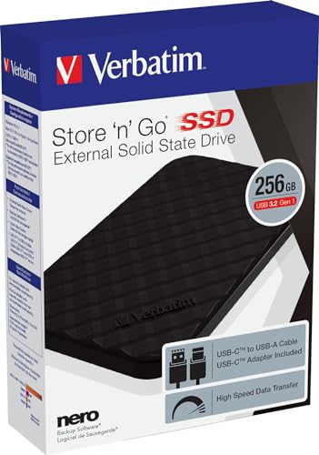 Verbatim 256GB Portable SSD External with USB-C Adapter