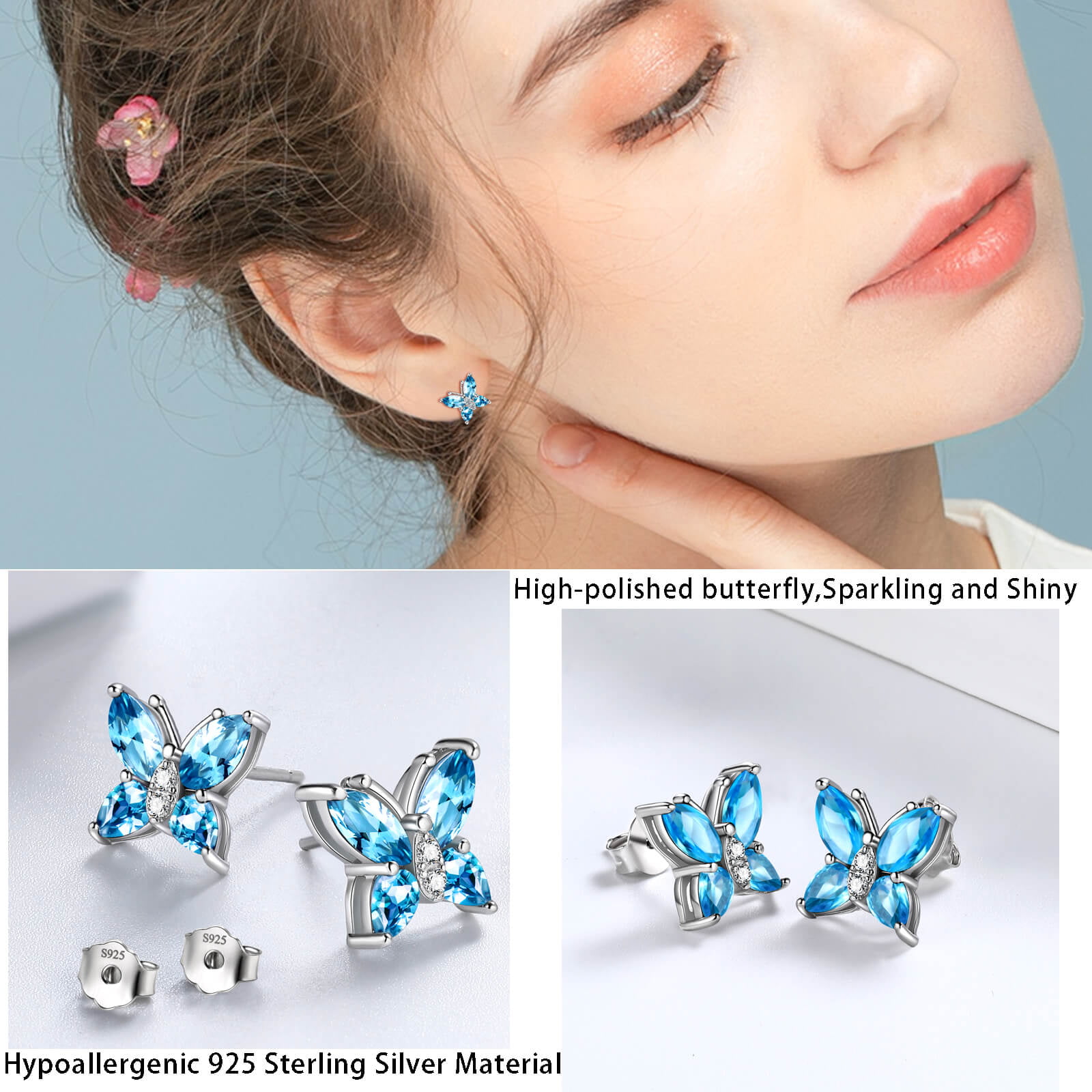 Aquamarine Zirconia Butterfly Earrings - March Birthstone Jewelry