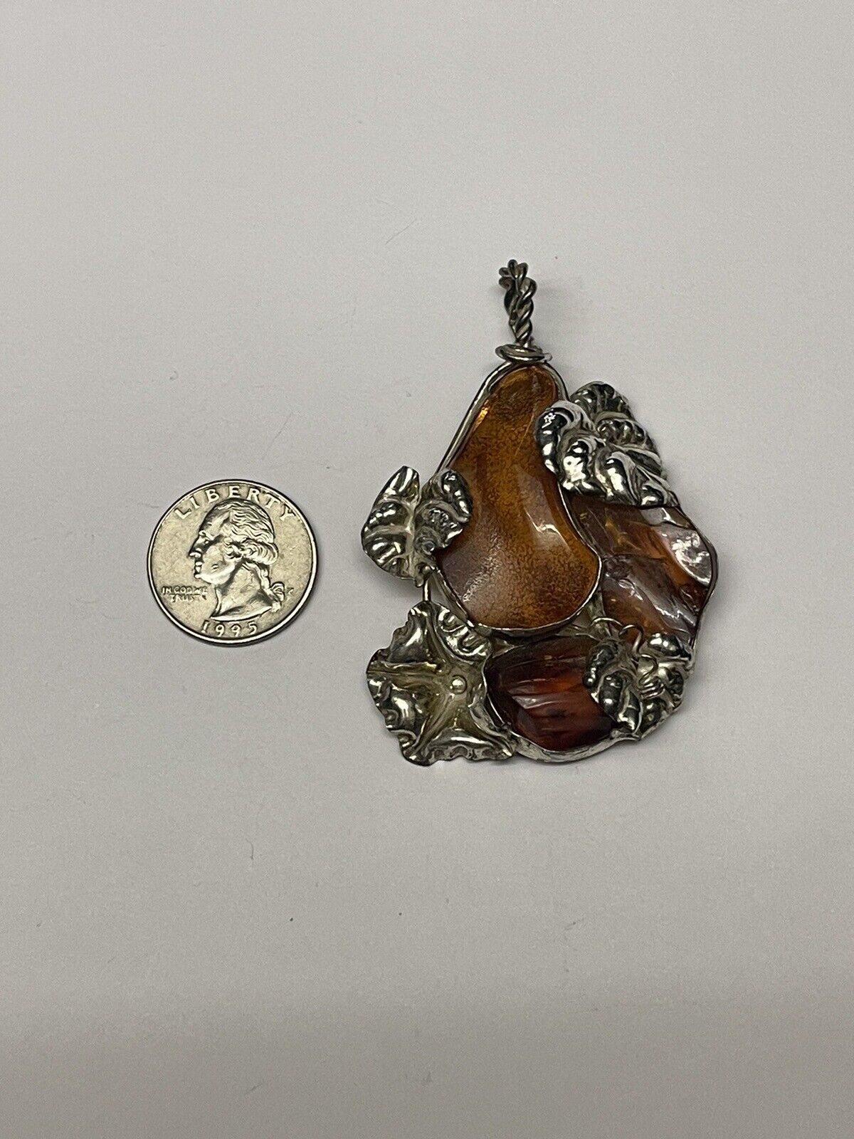 Sterling Silver Art Nouveau Baltic Amber Pendant Vintage